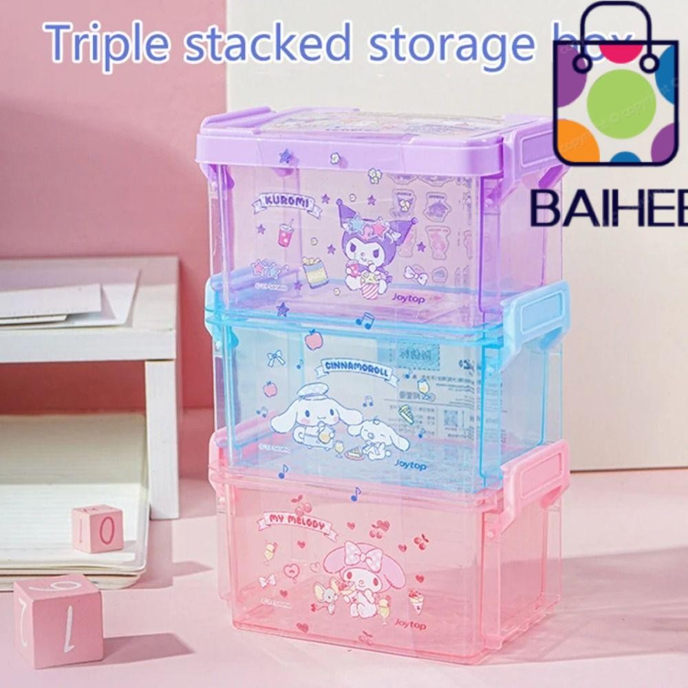 Baihee 3 ชิ้น/เซ็ต Jewellery Organizer, Sanrio การ์ตูน Sundries Cotton Swabs กล่องเก็บเดสก์ท็อป, 3 ชั้น Stackable Kuromi Cinnamoroll Melody สติกเกอร์คอนเทนเนอร์ตะกร้า