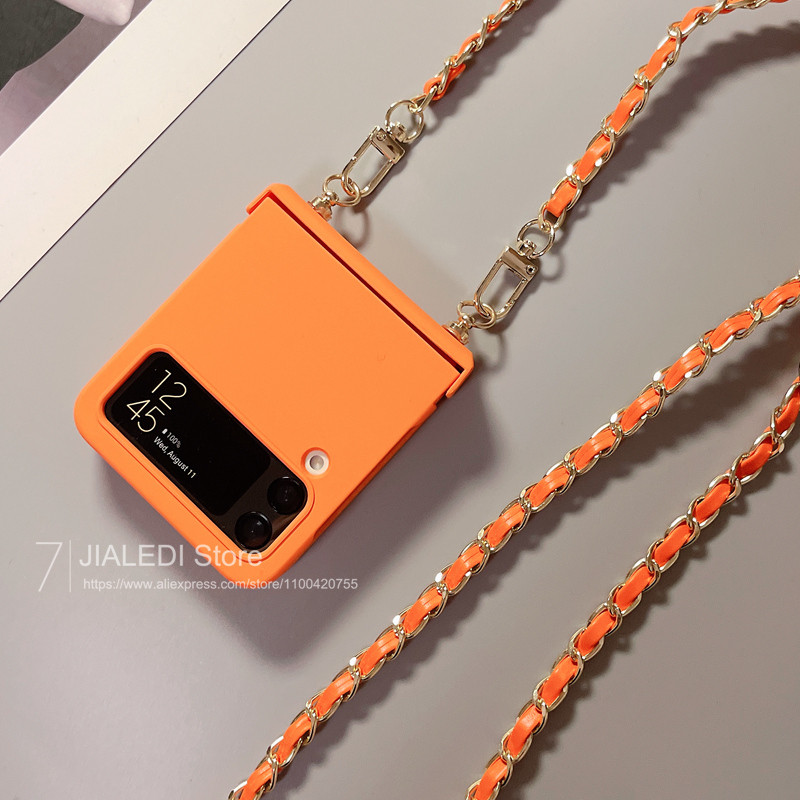 Luken โลหะหนัง Crossbody Lanyard Hadeler เคสโทรศัพท์สําหรับ Samsung Galaxy สําหรับ Samsung Galaxy Z Flip 6 5 4 3 4 5 6 flip6 zflip5 CoverOPPO ค้นหา N2 Flip N3 Flip