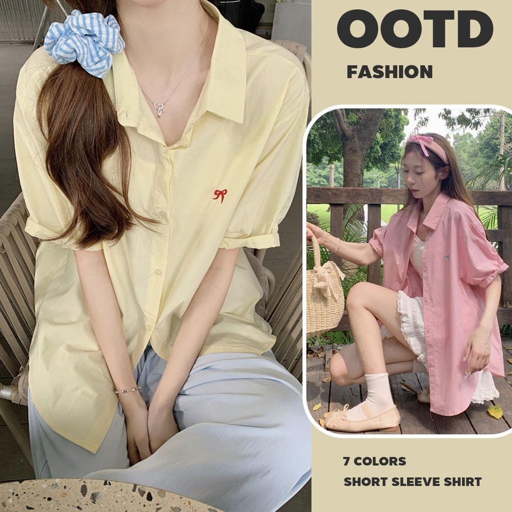 KOKO#เสื้อเชิ้ตแขนสั้นลำลองผู้หญิง เสื้อปักโบว์ คอปก POLO สไตล์หวาน สีน่ารัก แฟชั่น ความยาวกลาง สไตล์เกาหลี 7 สี#W433