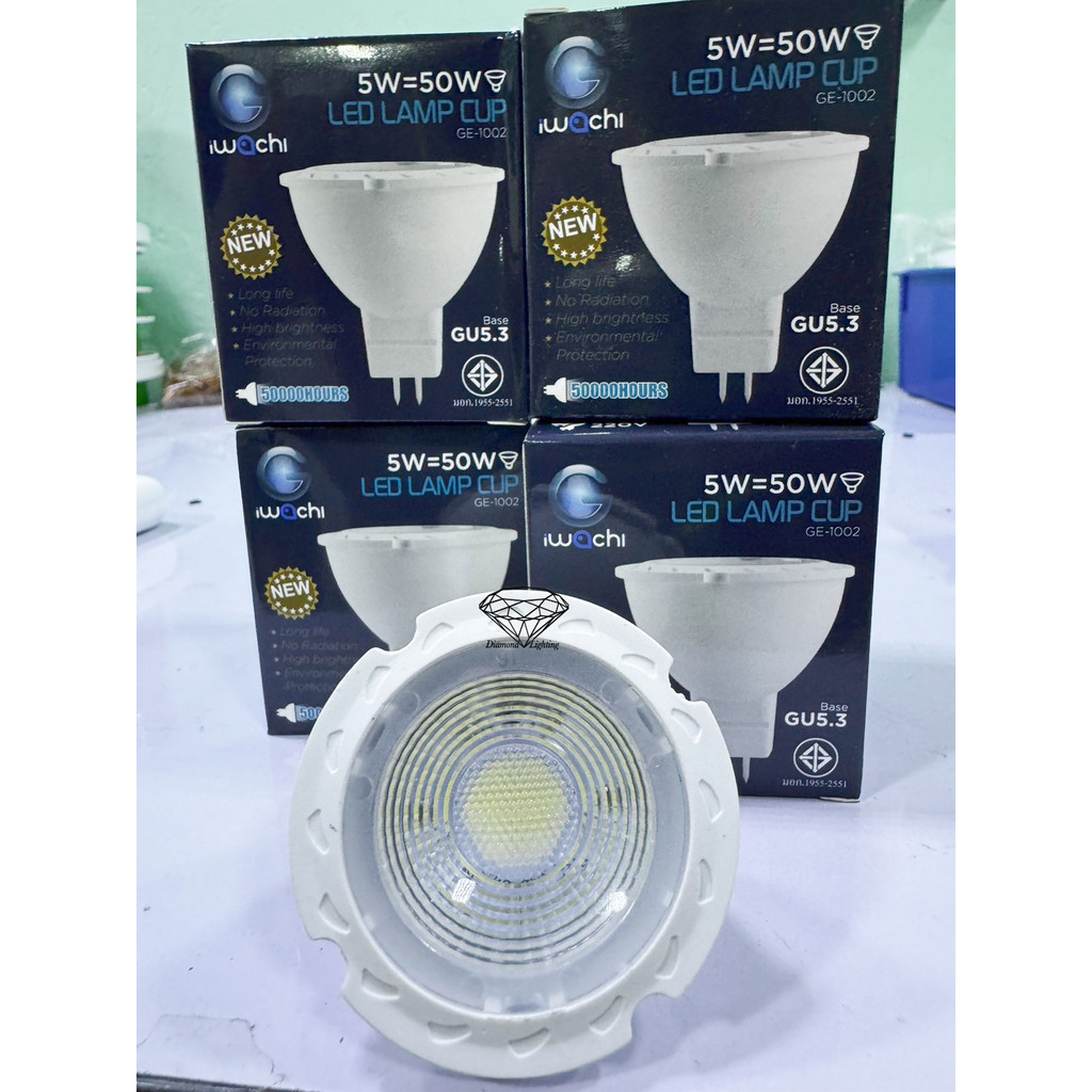 IWACHI หลอดถ้วย หลอดโคมไฟ หลอดขาเข็ม LED MR16 ขั้วG5.3 แบบต่อตรง 220V 5W//และMR16 12V 5W และขั้วE27 มีสีขาวและสีวอม