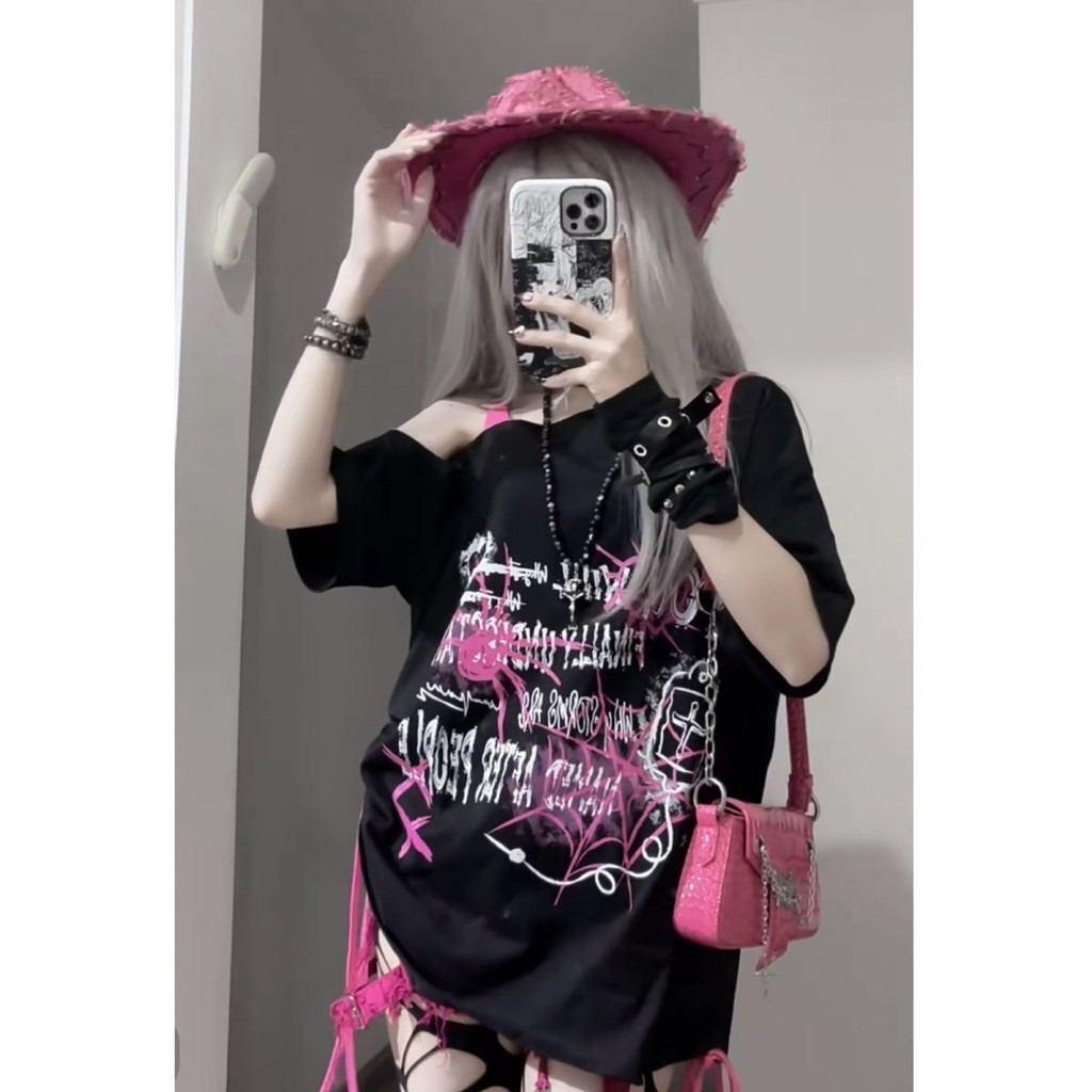 เสื้อยืด Oversize(40-150kg) Sweet Hot Style Off-shoulder Print Tops Plus Size Drawstring T Shirt