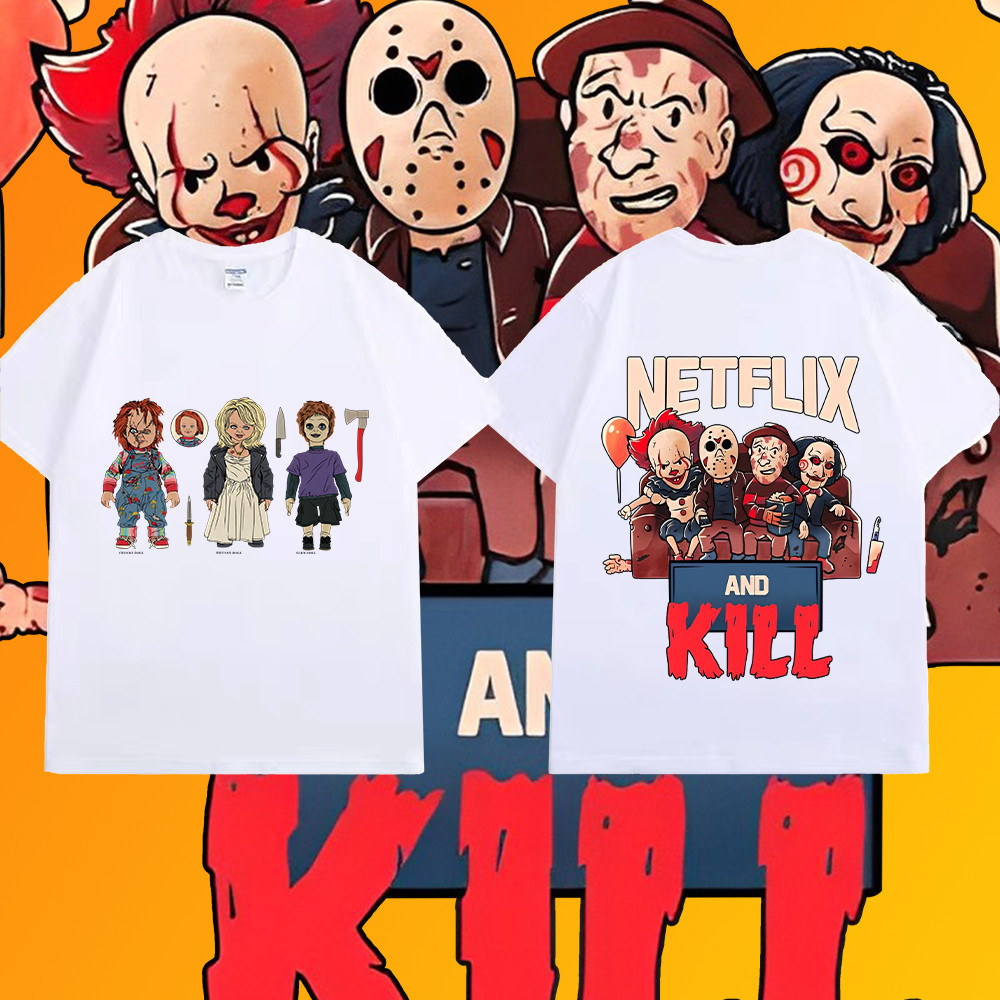(พร้อมส่ง) ใหม่ เสื้อ Chucky & Halloween T-shirt ชุดฮาโลวีน ผ้าฝ้ายแท้ 100% ราคาถูก แบบ Unisex CH10