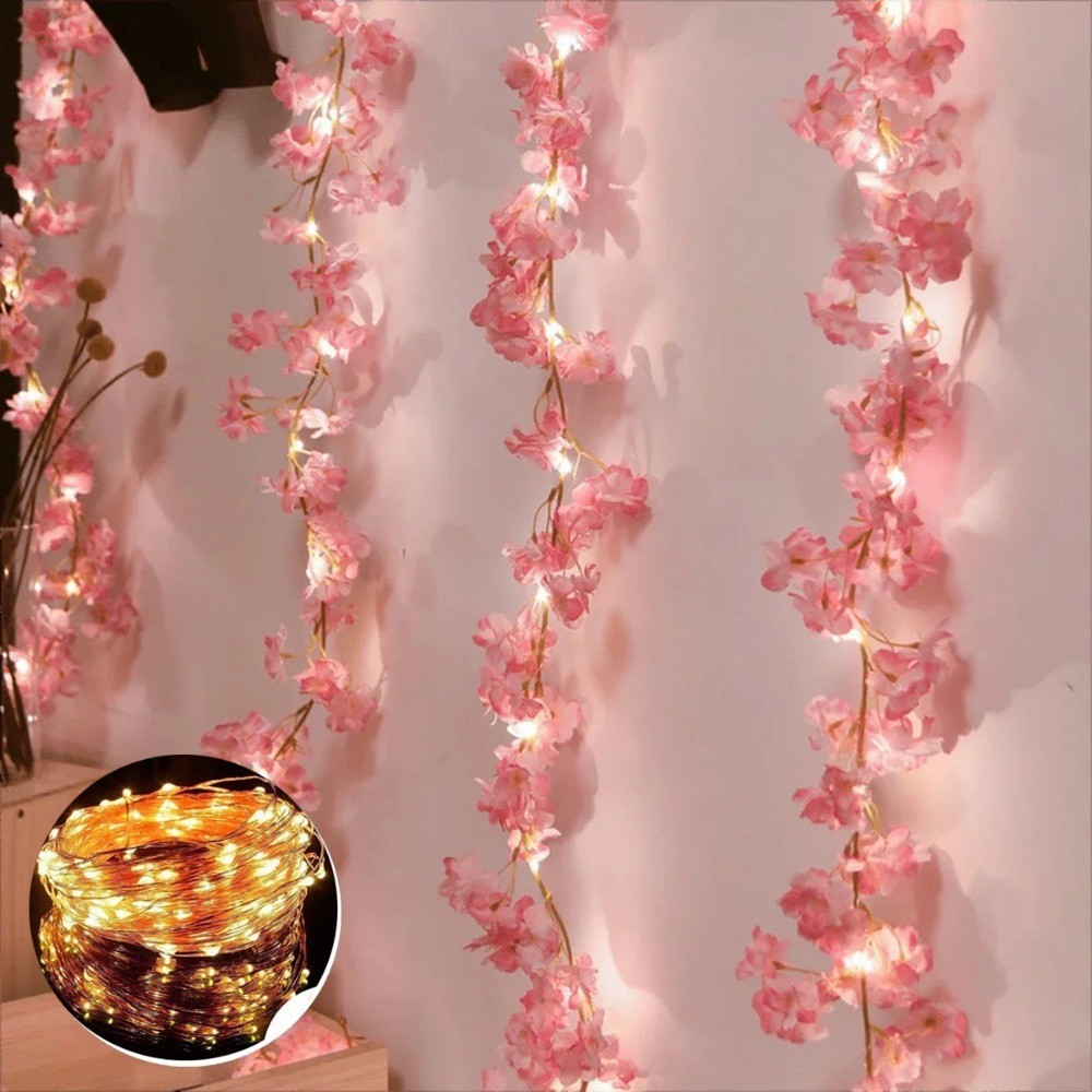 180 ซม.สีชมพู Cherry Blossom String Light LED Garland ดอกไม้ประดิษฐ์ Garland Vines Fairy ไฟสําหรับห้องนอนงานแต่งงานตกแต่ง