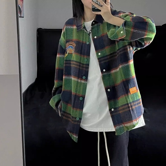 PKB2043 เสื้อเชิ้ตคอปก ฟรีไซส์ อก40 ทรงหลวมลายสก็อต สีเขียวลายสก็อต คอปก สไตล์เกาหลีเท่ๆผู้หญิง พร้อ