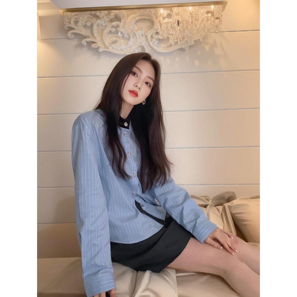 เสื้อเชิ้ตคอจีนผู้หญิงลายทางแขนยาว สีฟ้า PKB3002 แฟชั่นเกาหลีน่ารักสำหรับสาวๆ - Free size - อก38