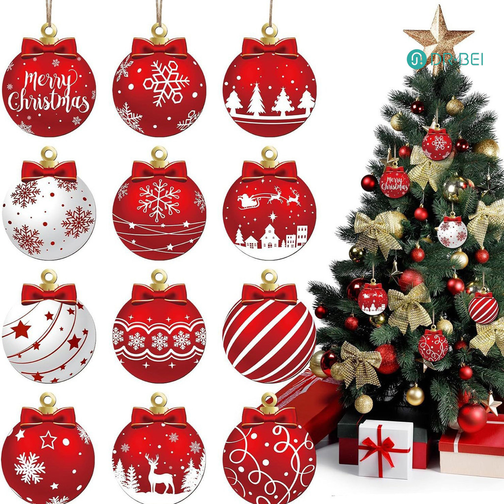 Dr.bei Flagship Store 12 ชิ้นเครื่องประดับลูกบอลคริสต์มาสไม้ Xmas Tree แขวนลูกบอลตกแต่งสําหรับวันหยุดในร่มกลางแจ้ง Home Party Decor