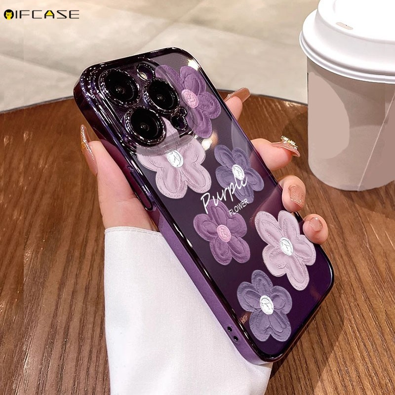 สําหรับrealme C67 C67 C65 C63 C61 C55 C51 C51s C53 C35 C33 C31 เคสโทรศัพท์สีม่วงภาพวาดสีน้ํามันทาสีดอกไม้ดอกไม้ดอกไม้ชุบเงา Shining Softปลอกกรณีปกหลัง - รูปที่ 2