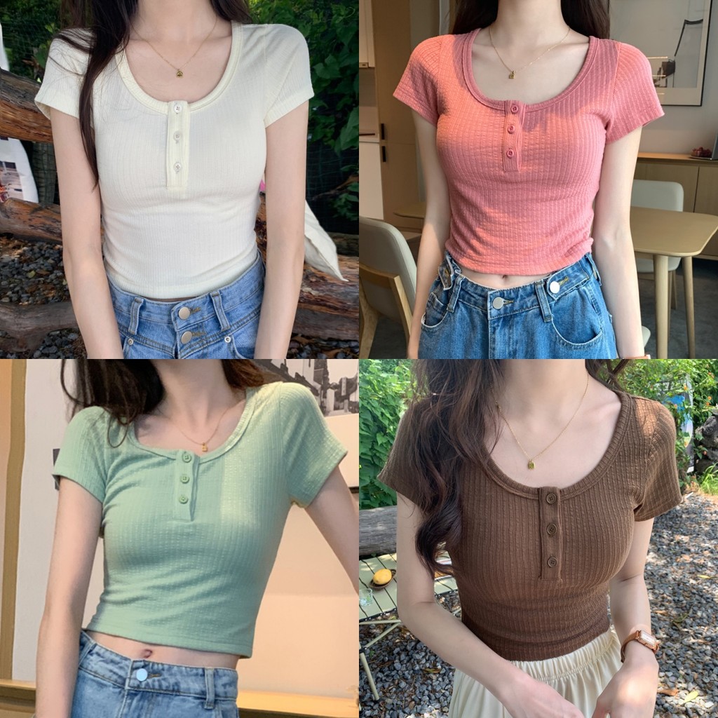 Soroh เสื้อยืดผู้หญิง มีฟองน้ำ แขนสั้น คอกลม สีพื้น เข้ารูป ผ้าร่อง กระดุมหน้า เสื้อครอป สไตล์ลำลอง ใส่สบาย #FY5007