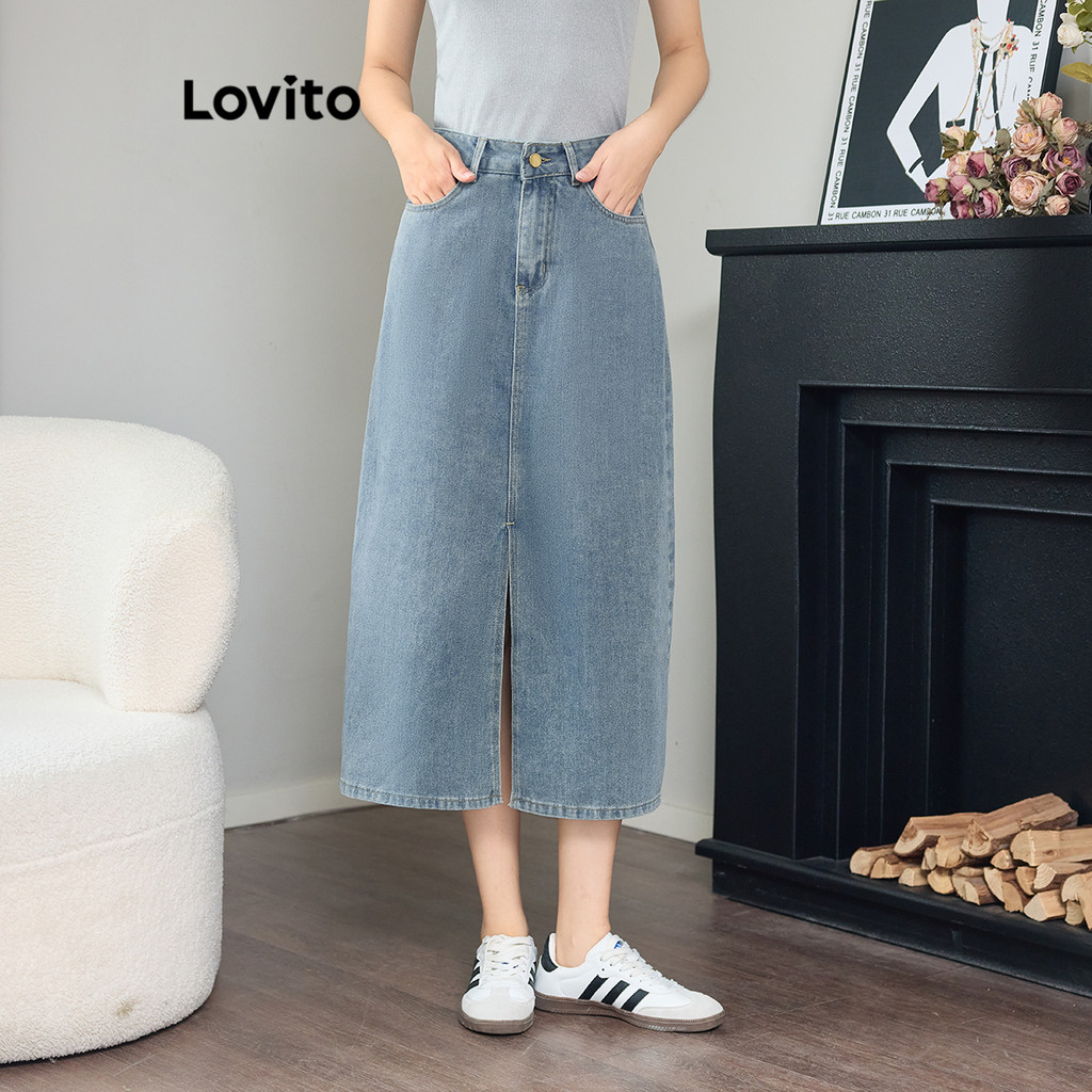 Lovito กระดุมธรรมดาแบบสบาย ๆ ซิปแยกด้านหน้ากระโปรงยีนส์พื้นฐานสำหรับผู้หญิง L100MD062
