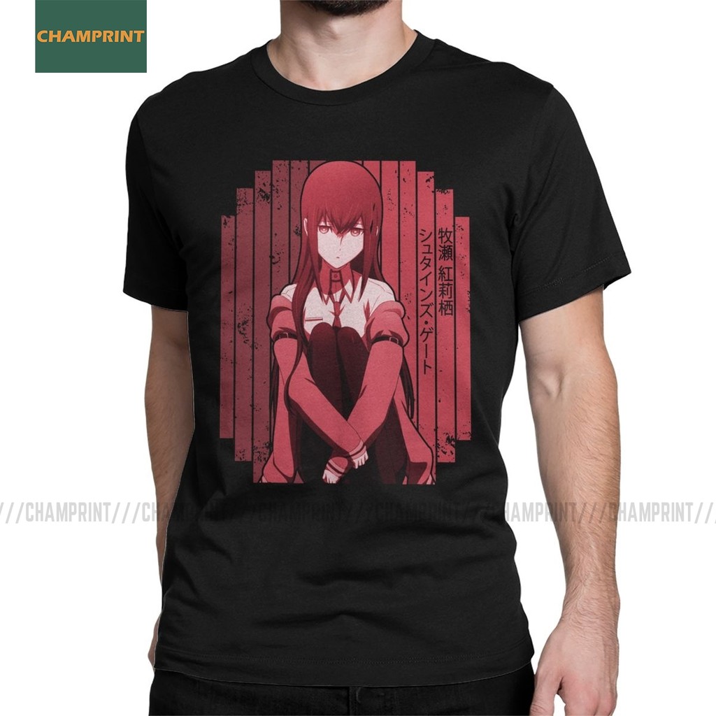 เสื้อยืดผู้ชาย Makise Kurisu Red Steins Gate T เสื้ออะนิเมะผ้าฝ้าย Tee แขนสั้น Kurisu Okabe มังงะ Da