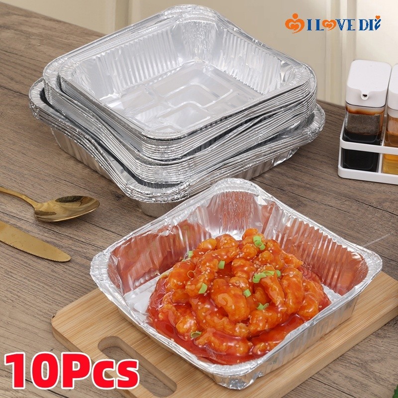 10 ชิ้นคุณภาพสูงทนความร้อนสแควร์ BBQ Tinfoil Cases - Air Fryer เตาอบกล่องอลูมิเนียมฟอยล์กันน้ํามัน - ถาดอบในครัวถาดแบบใช้แล้วทิ้ง