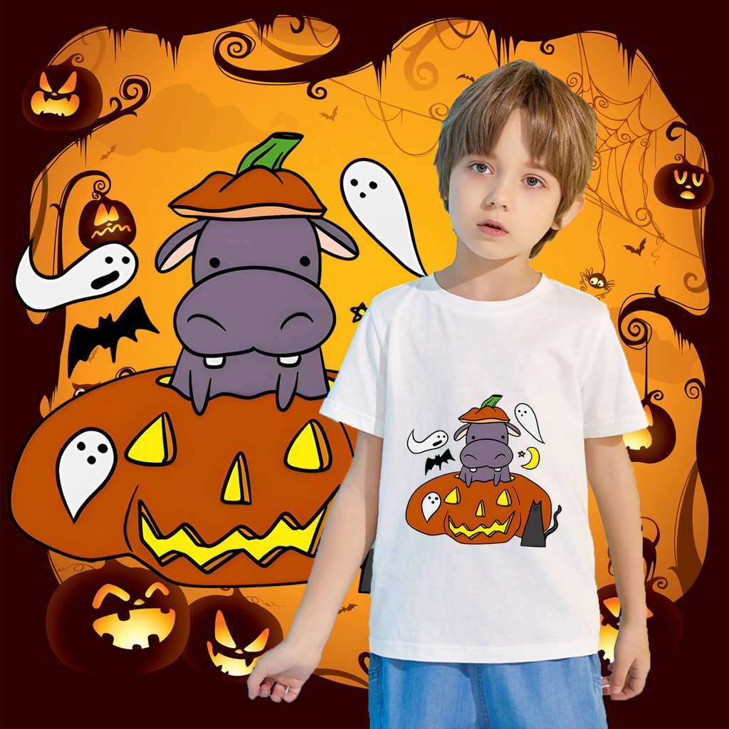 🌟🌟 2024 Moodeng hippo Halloween special print/ฤดูร้อนใหม่คอกลมแขนสั้นผ้าฝ้าย 100 % ระบายอากาศได้ดี(1