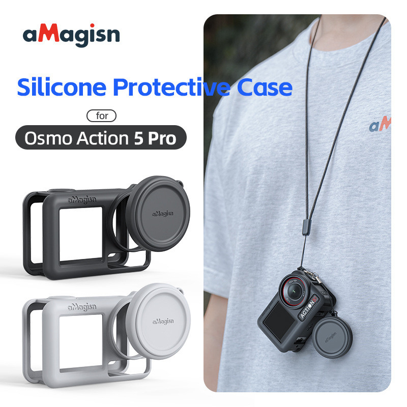 Amagisn สําหรับ OSMO Action 5 Pro เคสซิลิโคนพร้อมเชือกเส้นเล็ก, ฝาครอบป้องกันปลอกเลนส์แบบนุ่มสําหรับอุปกรณ์เสริม DJI Action 5 Pro