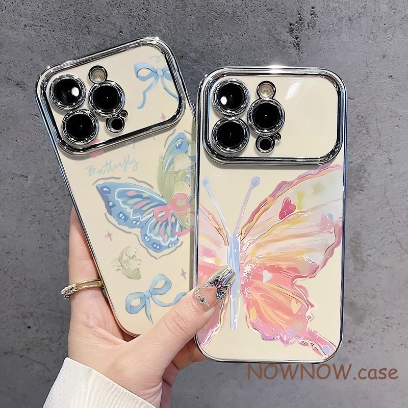 สําหรับiphone 16 15 14 13 12 11 Pro MAX X XR XS MAX 7 8 Plus INSการ์ตูนน่ารักDreamyผีเสื้อสีชุบหน้าต่างขนาดใหญ่คู่เคสโทรศัพท์ปกอ่อน