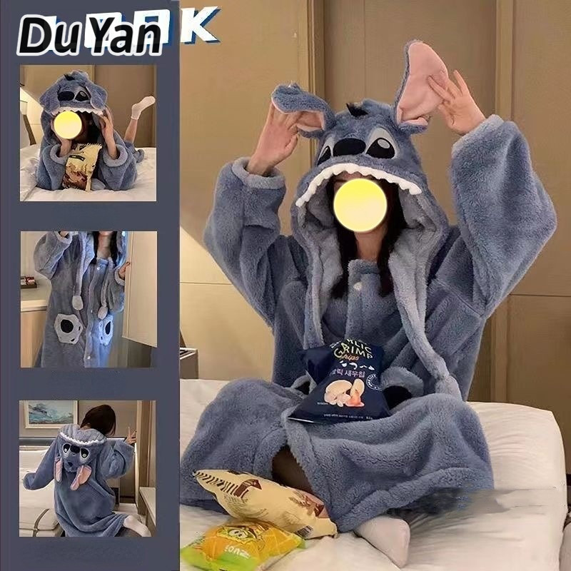 Du Yan ชุดนอนสตรีฤดูใบไม้ร่วงและฤดูหนาวขนแกะปะการังขนแกะเรียงรายเสื้อคลุมอาบน้ําตะเข็บหนาสําหรับคู่รักชุดนอนยาว