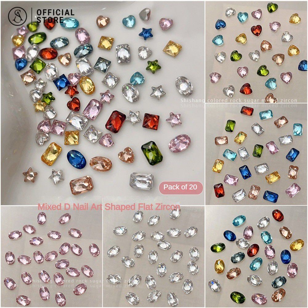 20 ชิ้น อุปกรณ์เล็บเพทายแบน สี่เหลี่ยมผืนผ้า รูปดาวห้าแฉก เครื่องประดับเพชรเล็บ
