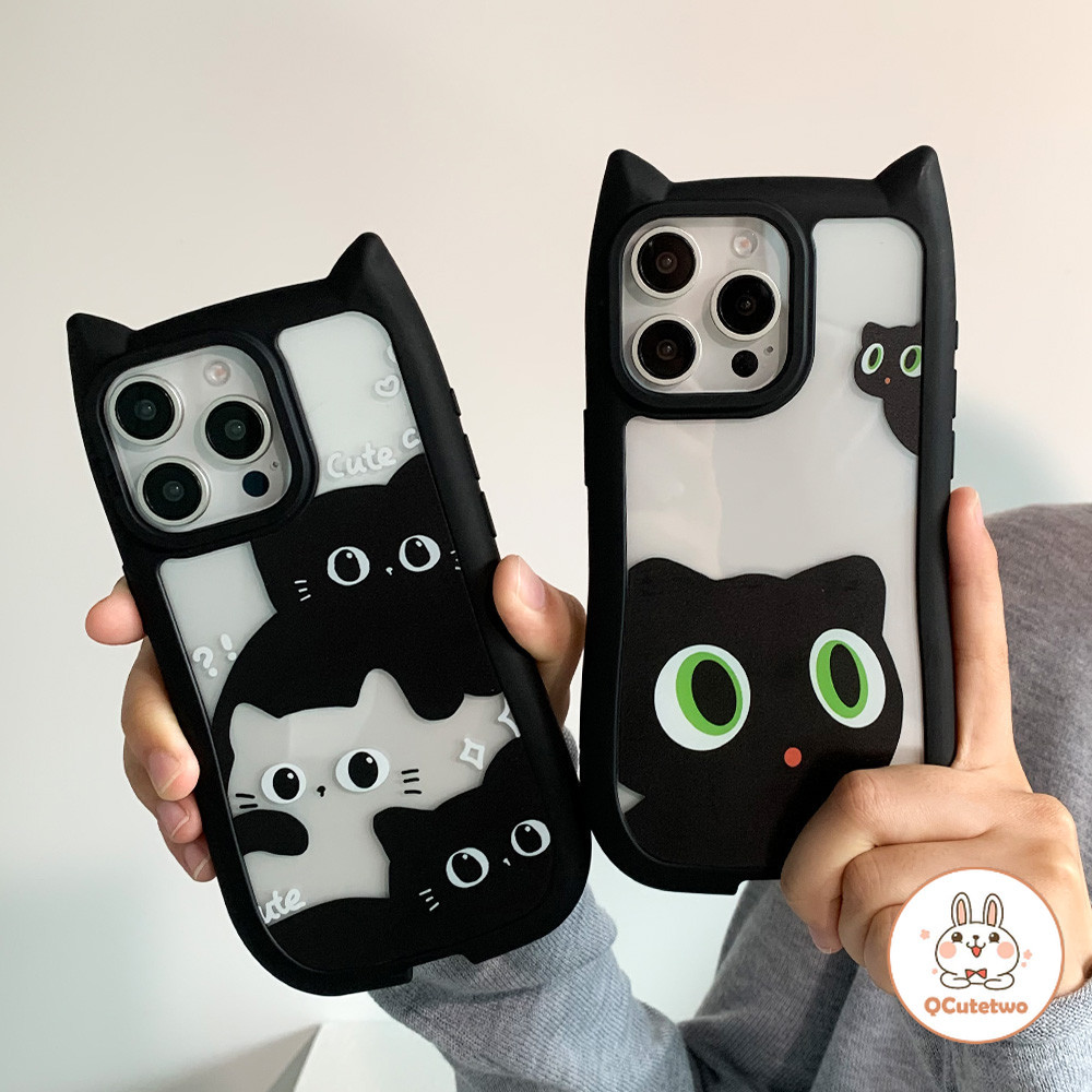น่ารักสีดําลูกแมวแมว-หูกรอบเคสโทรศัพท์สําหรับ ไอโฟน 11 15 14 13 12 มือโปร สูงสุด 14 15 บวกโปร่งใสหนาขอบน้ํานุ่มโทรศัพท์ปกหลัง