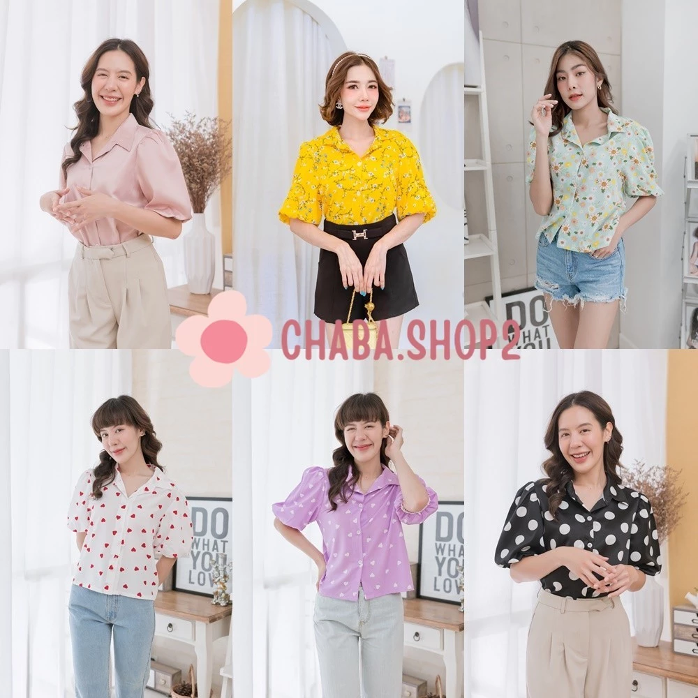เสื้อเชิ้ตคอปกแขนสั้นทรงบอลลูน ลายดอกไม้ ลายทาง ลายกราฟฟิก WS85