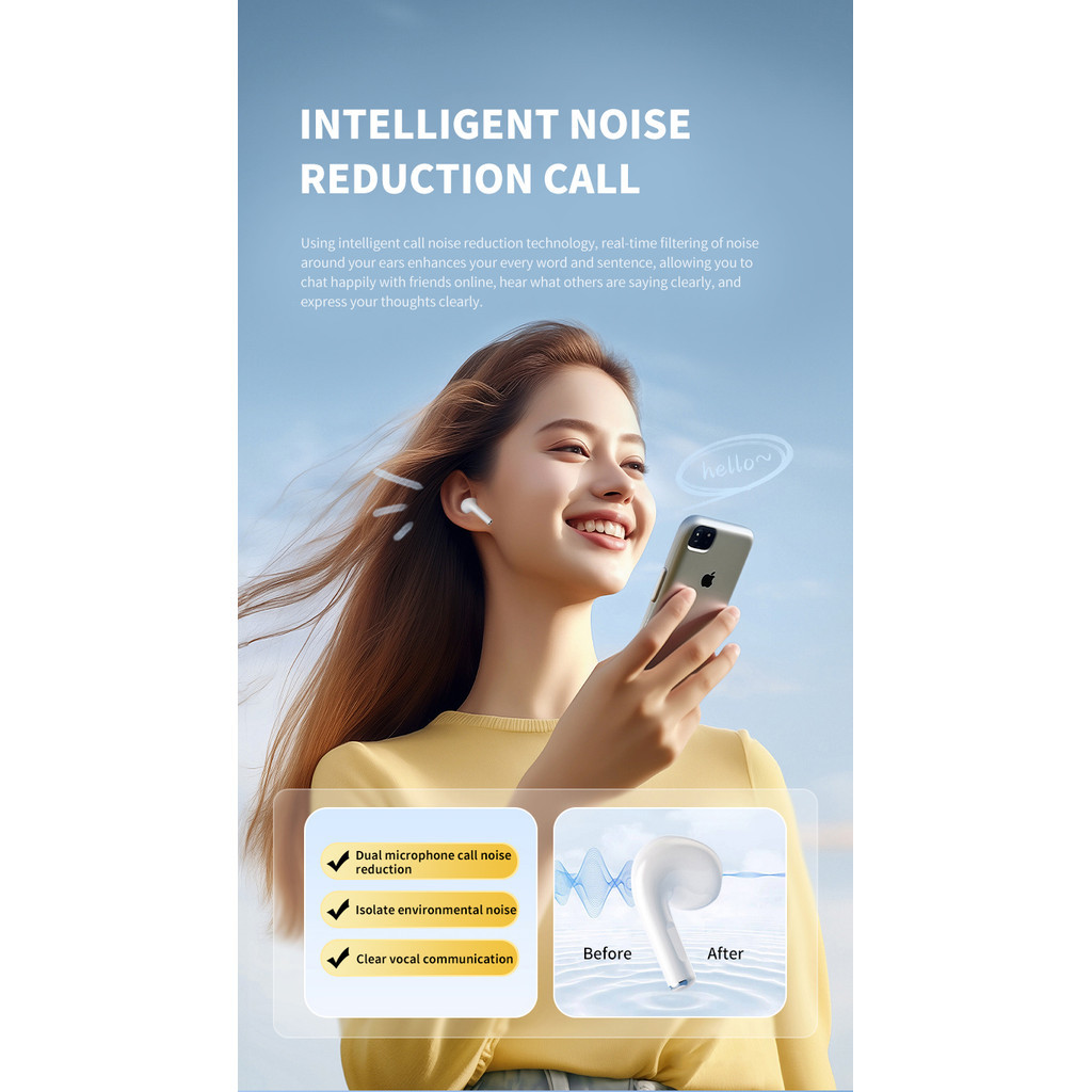 หูฟังบลูทูธไร้สาย หูฟัง Bluetooth หูฟังบลูทูธ 5.3 กันน้ำ IPX4 พร้อมไมโครโฟนในตัว ลดเสียงรบกวนด้วย AI.new