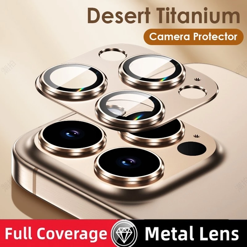 ไทเทเนียม Desert Gold ตัวป้องกันเลนส์กล้องสําหรับ IPhone 16 15 14 13 Pro Max 16 Plus 13 Mini แหวนโลหะคลุมทั้งหมดกระจกนิรภัยกล้อง Anti Scratch Cover