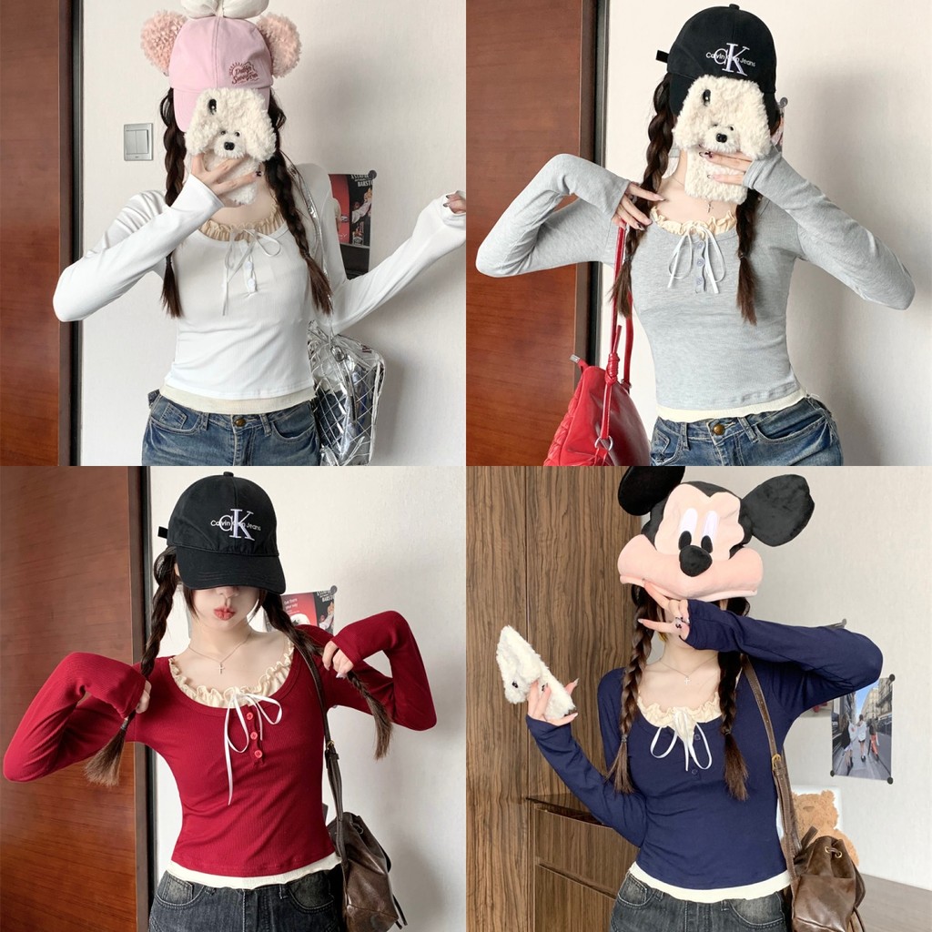 Soroh เสื้อยืดผู้หญิง สองชิ้นปลอม คอกลม กระดุมหน้า เสื้อยืดแขนยาว สไตล์ลำลอง ใส่สบาย ทรงสวย #E356