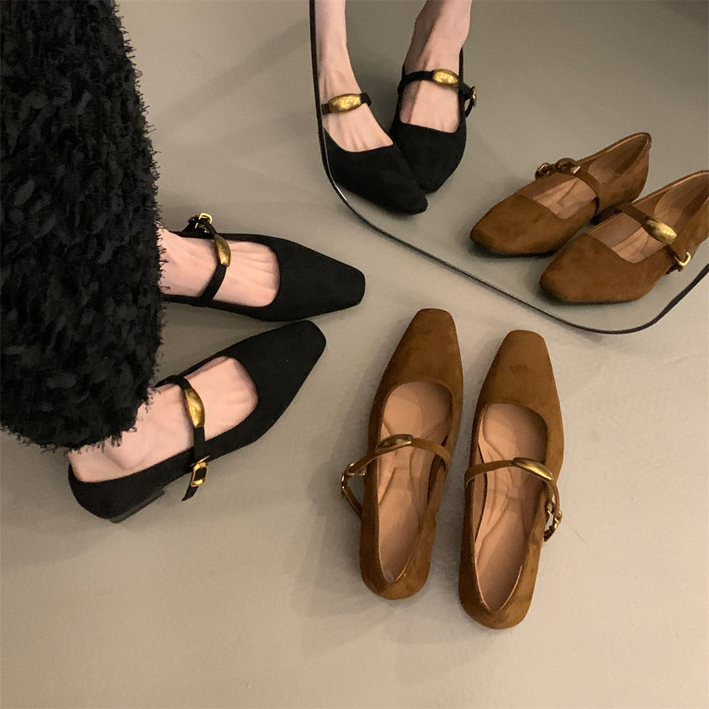 Chunky Heel Black Mary Jane Shoes รองเท้าผู้หญิง Suede Low-Cut Vintage Pumps