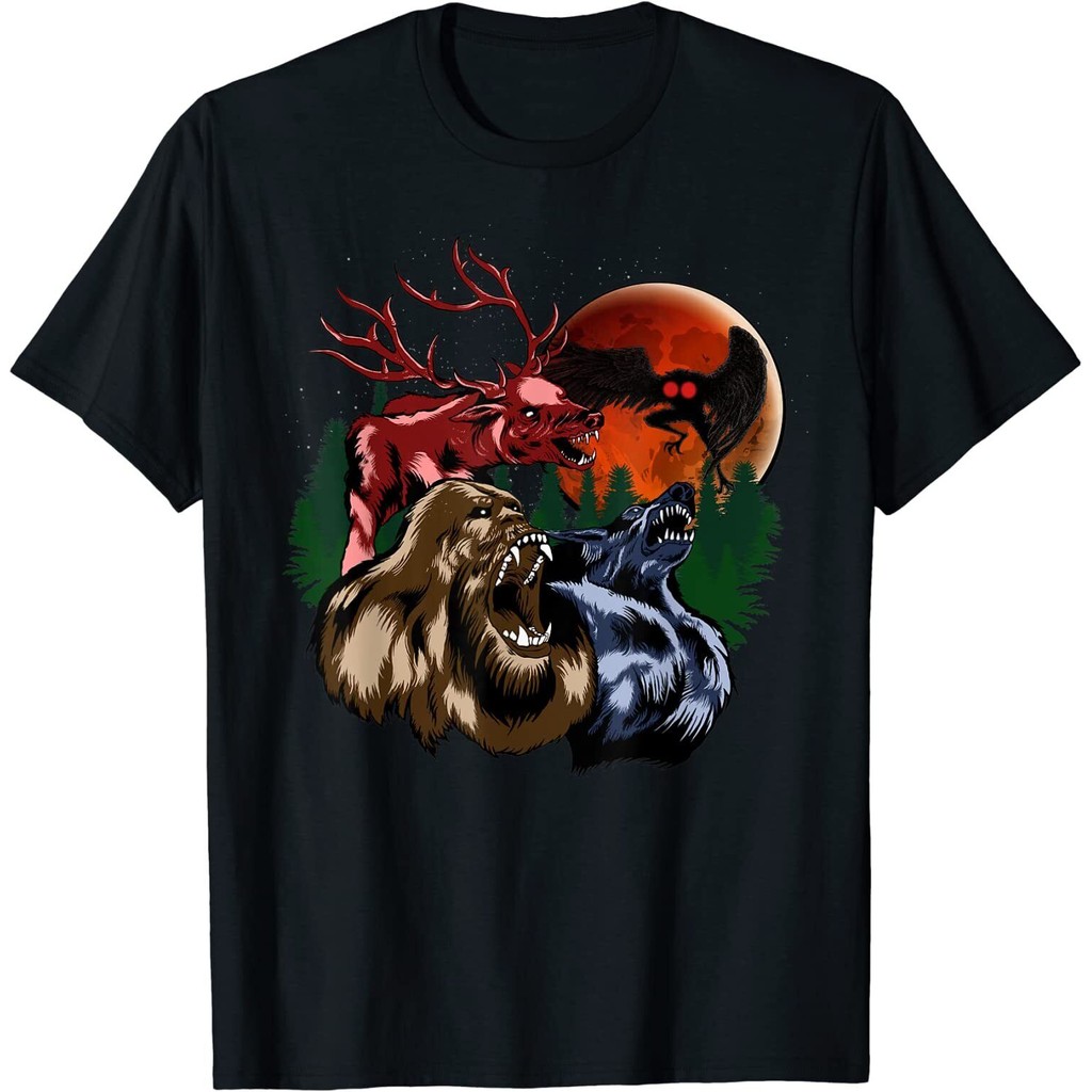 เสื้อยืดพิมพ์ลายตัวละครลึกลับ: Sasquatch, Dogman, Wendigo, และ Mothman