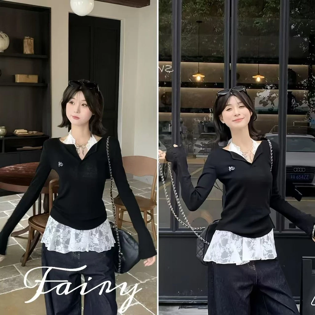 Fariy🍒ชุดเสื้อยืดแขนยาวคอวีลูกไม้สีขาวสายเดี่ยวดีไซน์ชุดสองชิ้น เสื้อยืดแขนยาวสวมใส่สบายมีสายเอี๊ยมลูกไม้สีหวานอยู่ข้างใต้