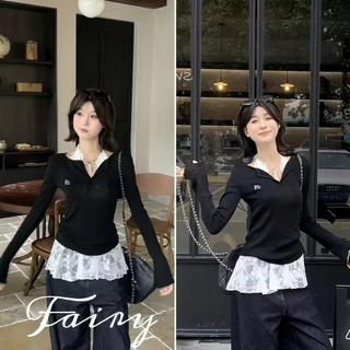 Fariy🍒ชุดเสื้อยืดแขนยาวคอวีลูกไม้สีขาวสายเดี่ยวดีไซน์ชุดสองชิ้น เสื้อยืดแขนยาวสวมใส่สบายมีสายเอี๊ยมลูกไม้สีหวานอยู่ข้างใต้
