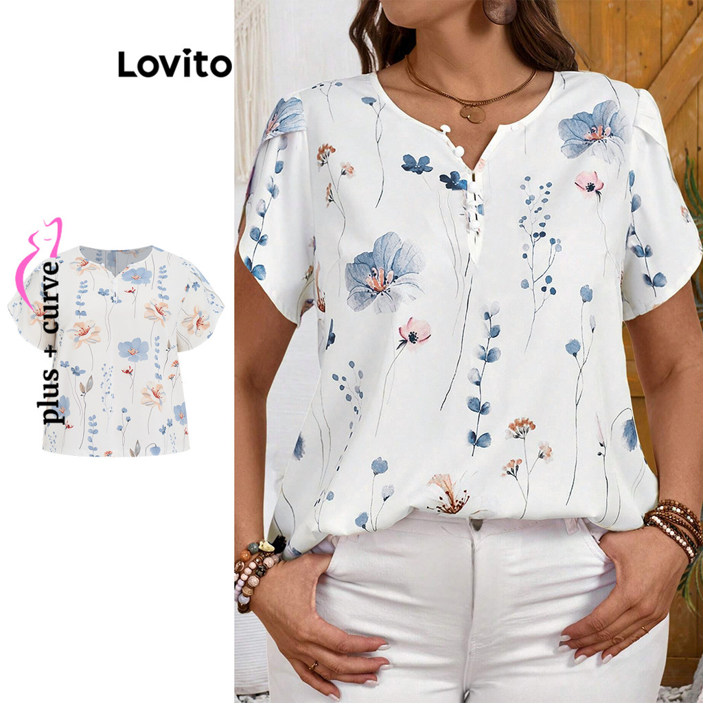 Lovito พลัสขนาดโค้งหรูหราดอกไม้ดอกไม้เสื้อ แจ็คการ์ดสำหรับผู้หญิง LBL16551