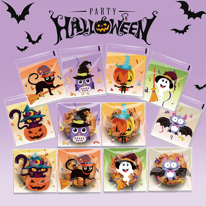 100pcs Halloween Cellophane Bags Happy Halloween Clear Pumpkin Ghost Candy Bags Self-adhesive Plasti
