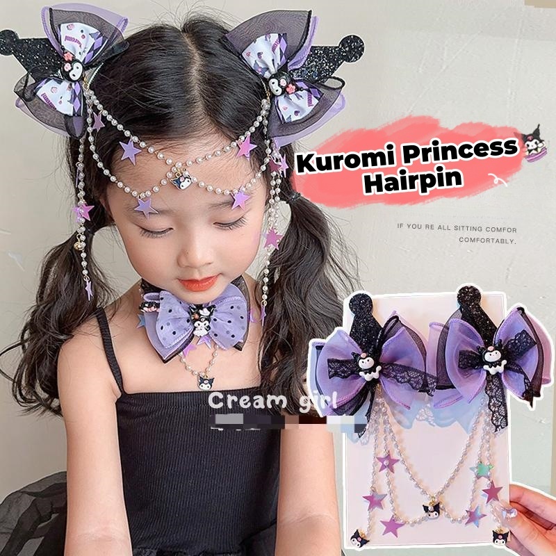 เด็ก kuromi Bow Chain Hairpin สาวน้อยน่ารักการ์ตูน kuromi อุปกรณ์เสริมผมริบบิ้น Hairpin หญิงหมวกคลิปผมสําหรับเด็กผู้หญิง