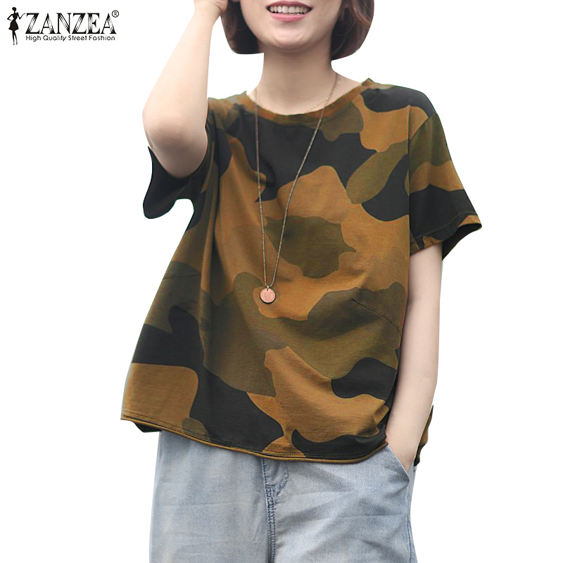 ZANZEA ซานเซีย ผู้หญิงเกาหลีลําลองคอกลมพรางพิมพ์เสื้อยืดแขนสั้น