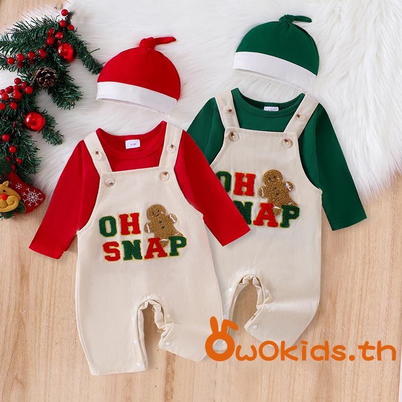 Grao-เด็กทารกคริสต์มาสชุดสีทึบลูกเรือคอยาวเสื้อแขนยาว Fuzzy Letter เย็บปักถักร้อย Suspender กางเกงหมวก 3 ชิ้นเสื้อผ้าชุด