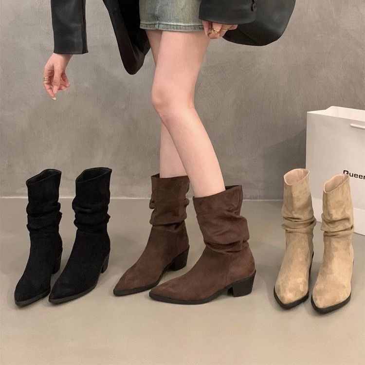 แฟชั่นรองเท้าบู๊ท Martin Boots Leather Boots Commuter Square Toe Winter Casual