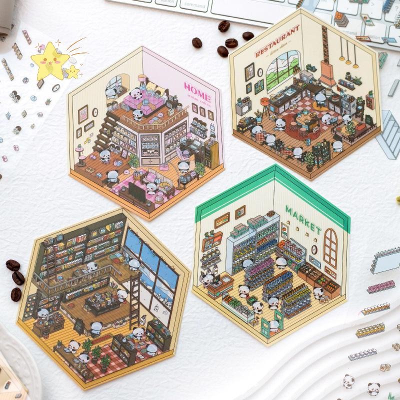 [JBTH] 1 ชุด Creative Miniature ซูเปอร์มาร์เก็ต Bookstore สติกเกอร์ DIY น่ารัก 3D ภาพซ้อนสติกเกอร์การ์ตูนฉากจิ๋ว 3D สติกเกอร์ [JB]