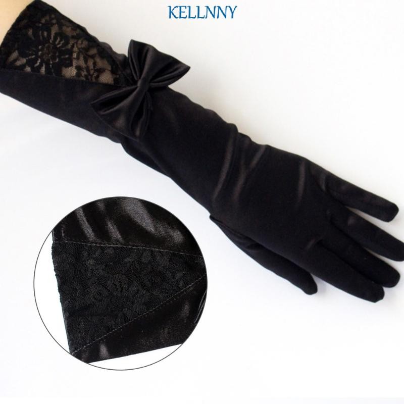 Kellnny Lady สีดําซาตินถุงมือยาวลูกไม้ Trim Bowknot Opera Prom Dance Party Mittens