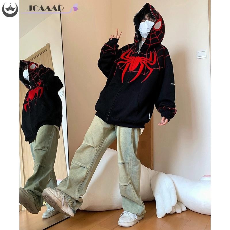 Jcaap Spider Hoodie ผู้หญิง Zip Up Casual Streetwear Retro ขนาดใหญ่เสื้อแจ็คเก็ต Th