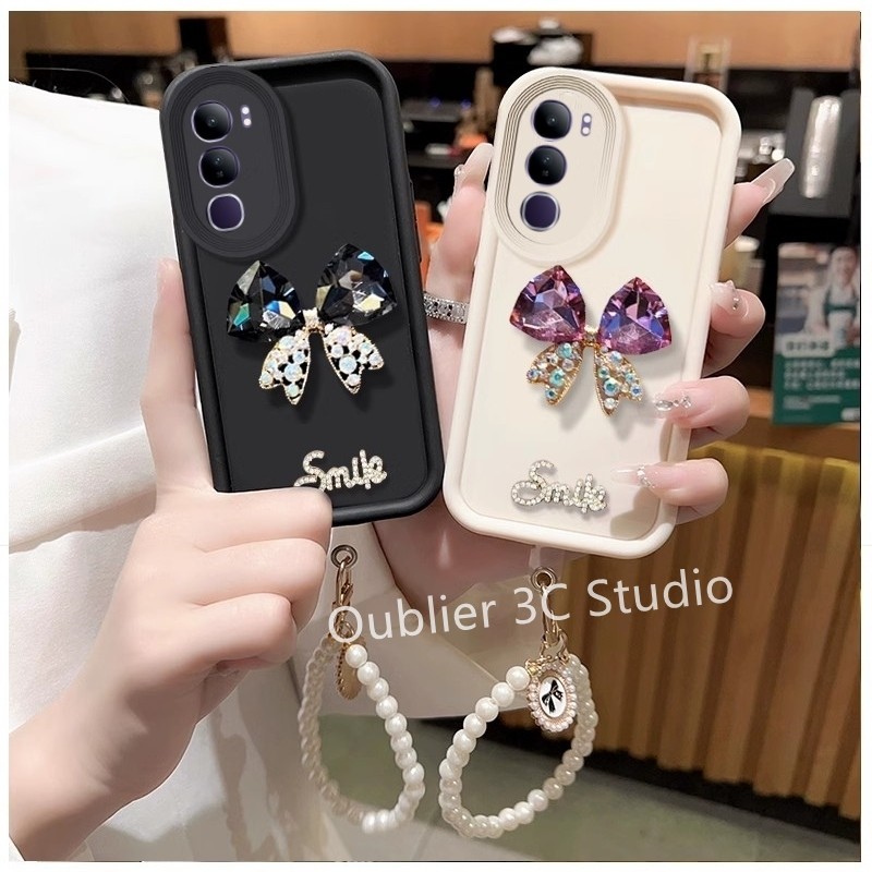 ปลอก VIVO Y19s Y200 5G เคสโทรศัพท์ดีไซน์ใหม่น่ารักการ์ตูน 3D Rhinestone ผีเสื้อซิลิโคนปกอ่อนพร้อมสร้อยข้อมือมุก 2024