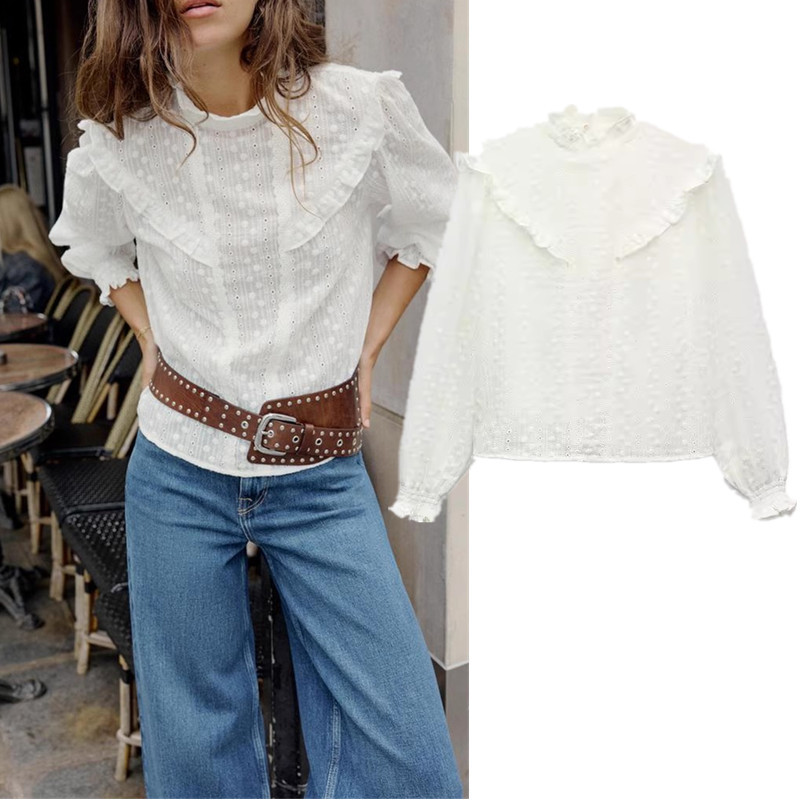 Zara ZA ฤดูใบไม้ร่วงใหม่สไตล์ผู้หญิง Hollow เย็บปักถักร้อยภาษาฝรั่งเศสคําโรแมนติกสไตล์ Stand-Up Collar สีขาวเสื้อแขนสั้น 4387234