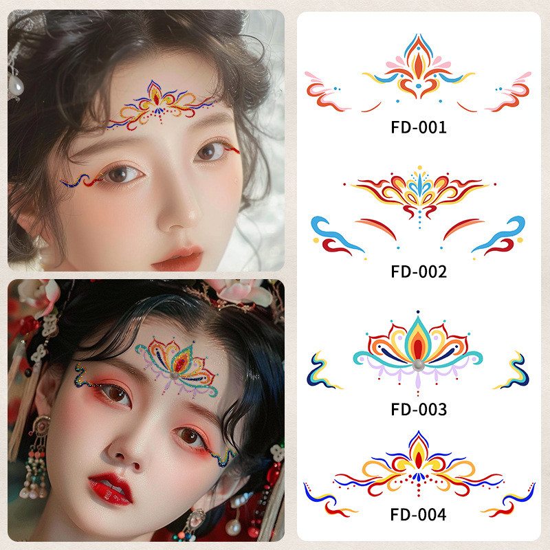 สติ๊กเกอร์รอยสักใบหน้าแวววาวกันน้ํารอยสักชั่วคราวยาวนานหน้าผากตามุมเสื้อผ้าเด็กชุดโบราณรูปแบบสติกเกอร์