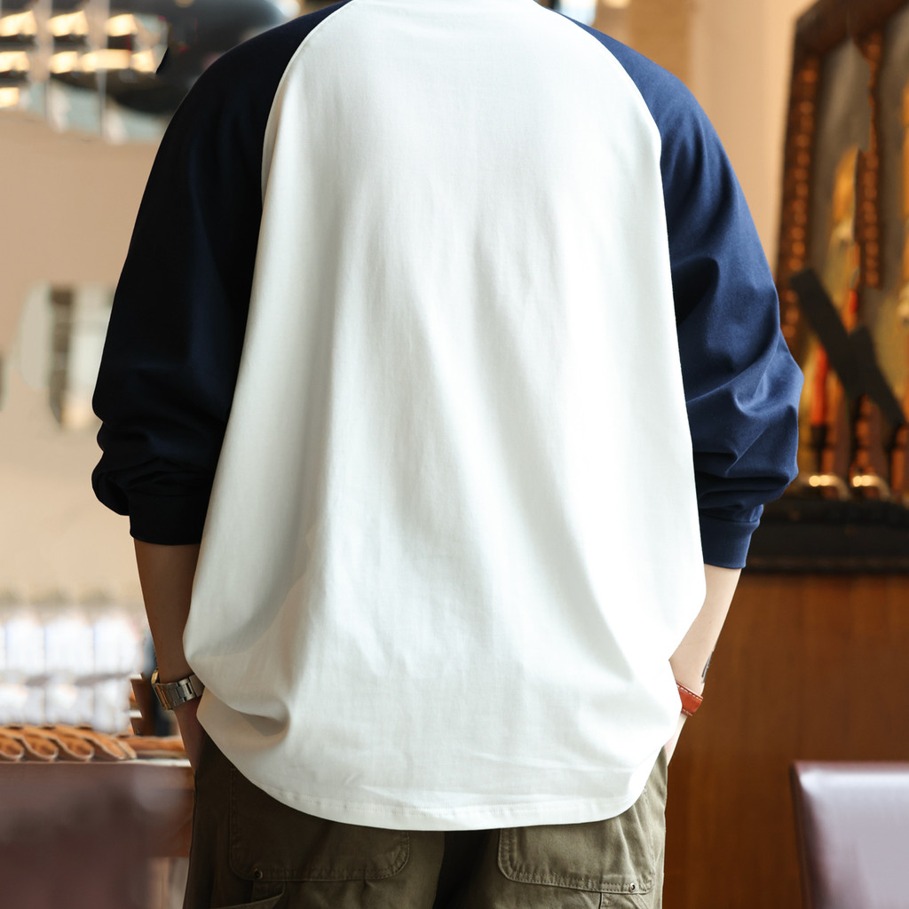 ผ้าฝ้ายแท้หนัก 300ก สไตล์ญี่ปุ่นความคมชัดสี แร็กแลน แขนยาวเสื้อยืดผู้ชายหลวมรุ่นพื้นฐาน ย้อนยุค จุดต่ําสุด เสื้อฤดูใบไม้ร่ - รูปที่ 2