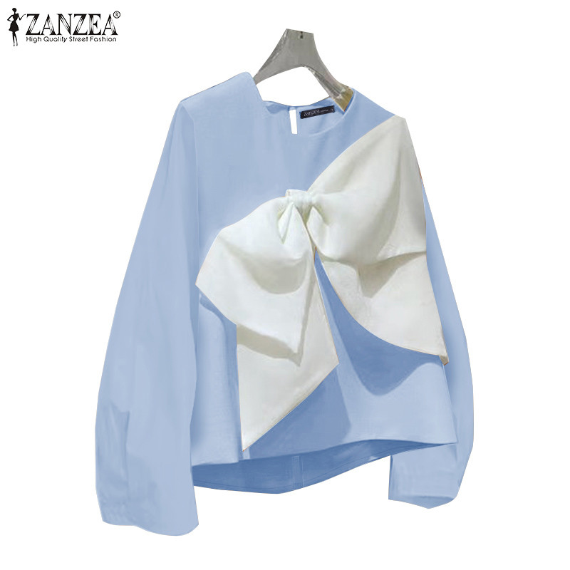 Zanzea เสื้อเบลาส์คอกลมแขนยาวทรงหลวมแฟชั่นเกาหลีสําหรับผู้หญิง