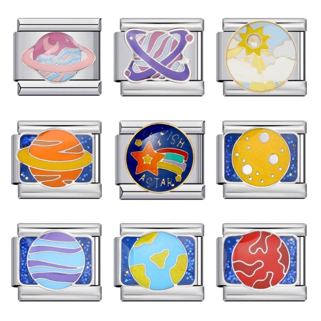 Space Planet อิตาลีโมดูลสร้อยข้อมือสแตนเลสเชื่อมหยดน้ํามันรูปแบบ DIY ยืดหยุ่นส่วนบุคคลสร้อยข้อมือ