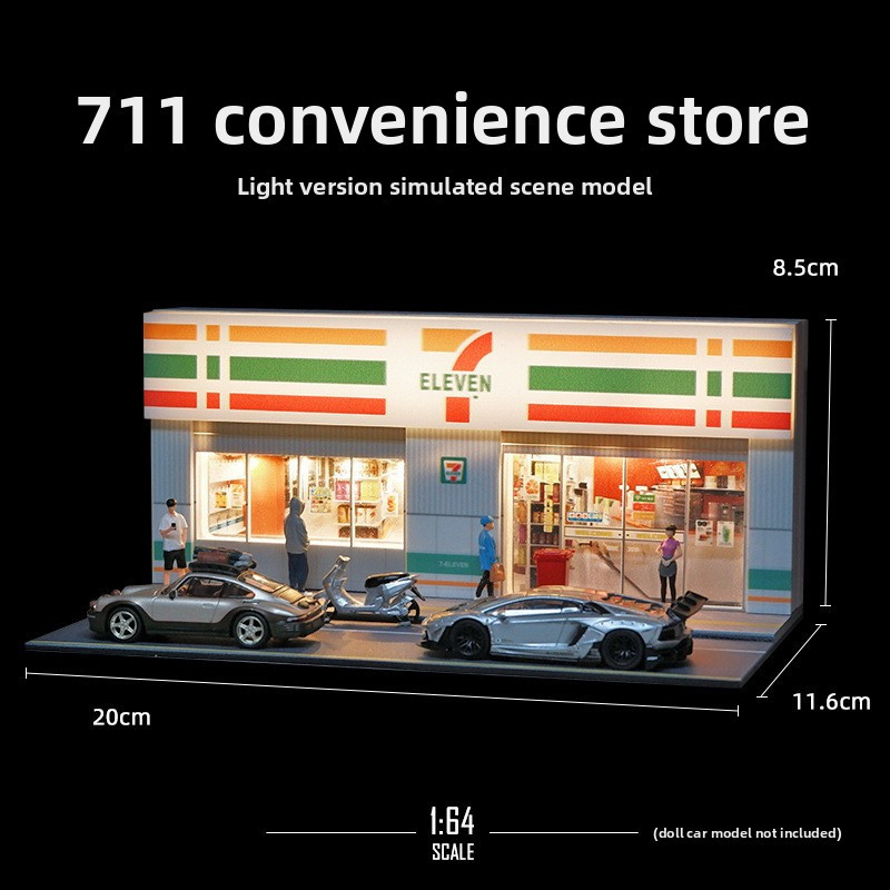 7-11ร้านสะดวกซื้อ โมเดลจิ๋ว 1: 64 พร้อมไฟ ฉากอาคารซูเปอร์มาร์เก็ตของแมคโดนัลด์คาเฟ่ไมโครภูมิทัศน์กระเป๋าตกแต่งบ้าน
