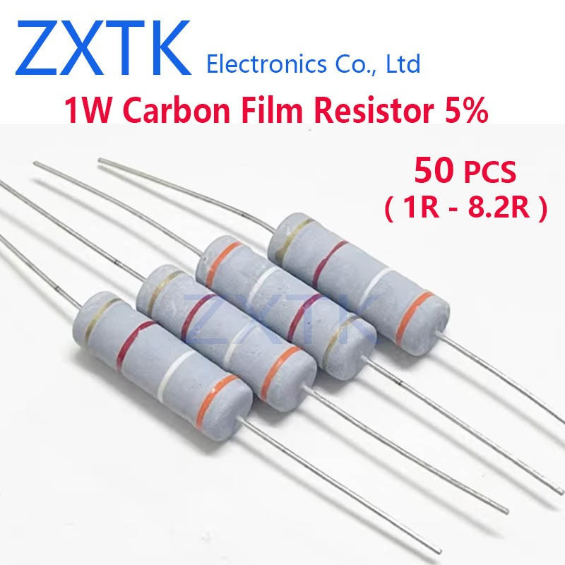 ใหม่ CHIP 50PCS 1W Carbon Film Resistor 5% แหวนสี 1-8.2 โอห์ม 1R 2R 3R 4.3R 5.1R 6.2R 6.8R 7.5R 8.2R