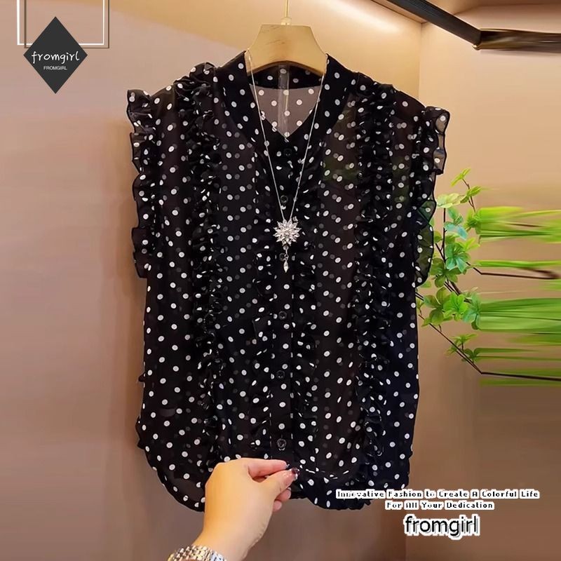 เสื้อแขนกุดชีฟองบาง สタイルฝรั่งเศส ลายจุด ดีไซน์สบายสำหรับฤดูร้อน