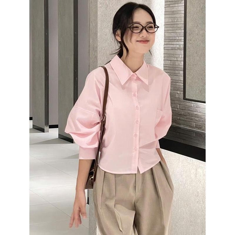 ohho เสื้อเชิ้ตแขนพองกว้าง เอวเข้ารูป เนื้อผ้านุ่ม เย็น เสื้อเชิ้ตเล่นโรงเรียน สไตล์เรโทร #w622 - รูปที่ 2