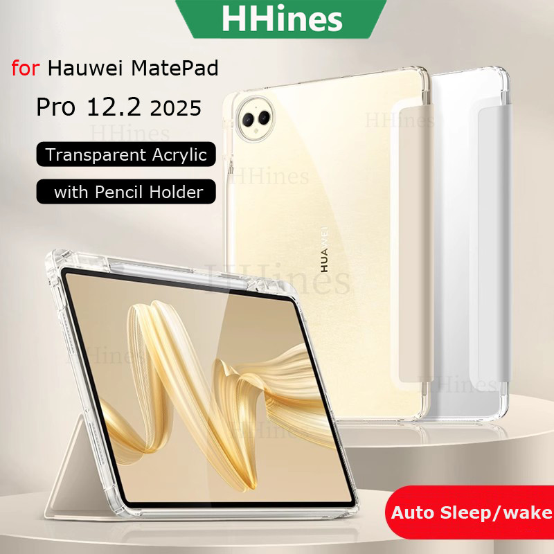 สําหรับ Huawei MatePad Pro 12.2 นิ้ว 2024/2025 MRO-W00 Air 12X Pro 13 12.2 PaperMatte SE 11 "Air 11.5 S Tri-Fol ขาตั้งแท็บเล็ตอะคริลิคใส Protetive กรณีช่องเสียบปากกา