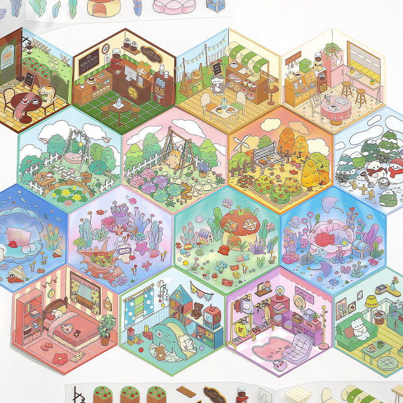 P PET สติ๊กเกอร์ 3 ชิ้นใน 2.5D สามมิติสติกเกอร์ห้องโดยสาร My Mini World Series คู่มือสติกเกอร์วัสดุส